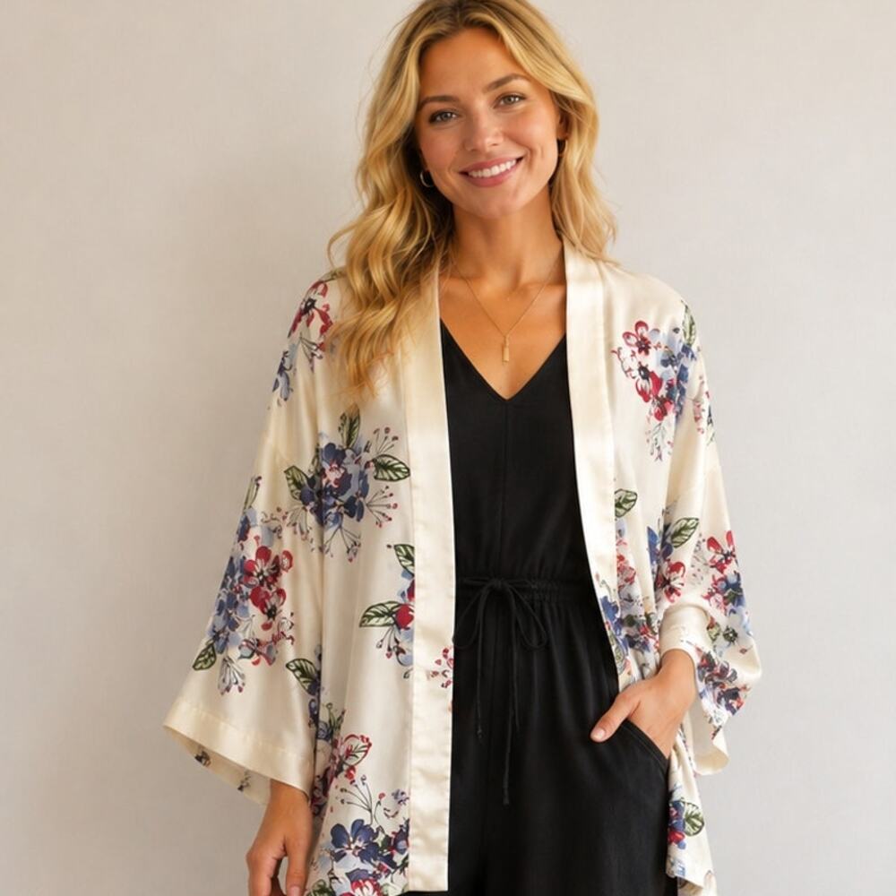 Violet & Claire Floral Kimono Womens Medium White Open Topper Cardigan Boho